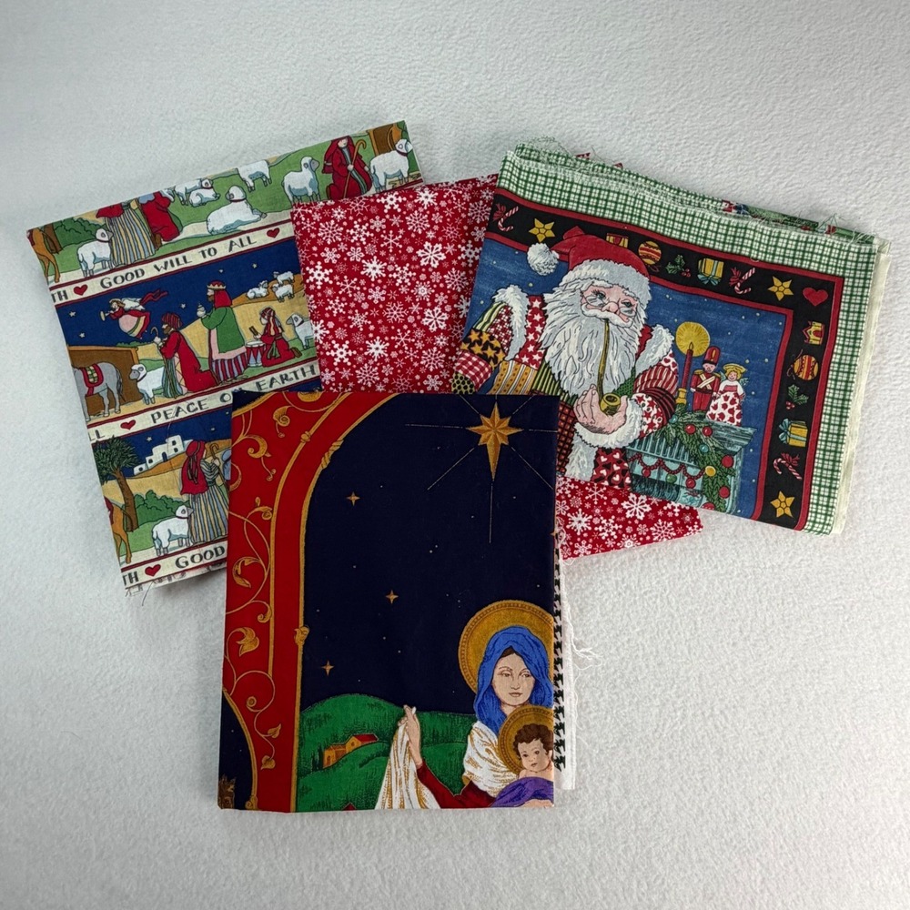 Vintage Christmas Fabric Remnant Lot Nativity Peace Panel Santa Snowflake 4pc